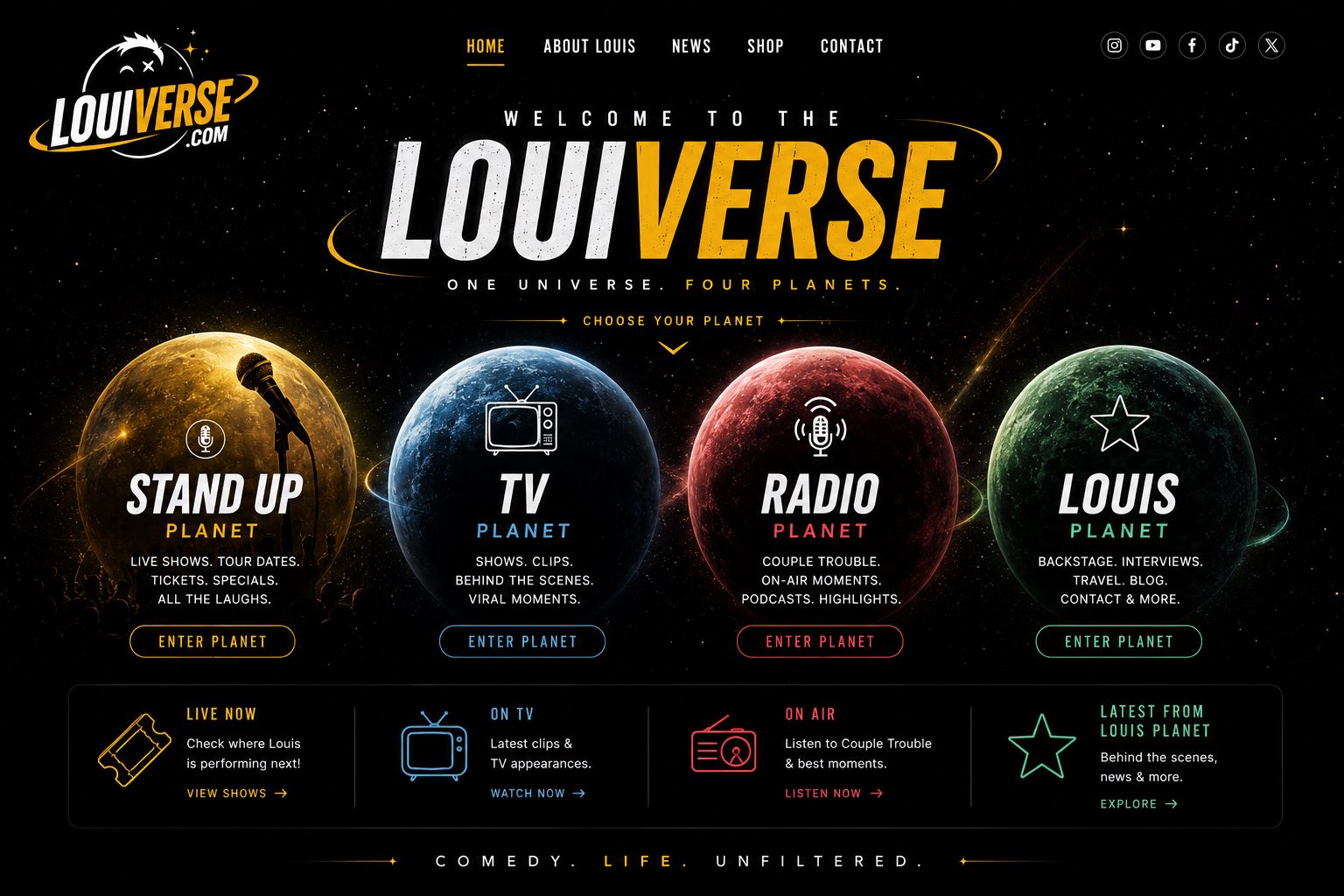 Louiverse homepage with four planets: Stand Up, TV, Radio, and Louis.